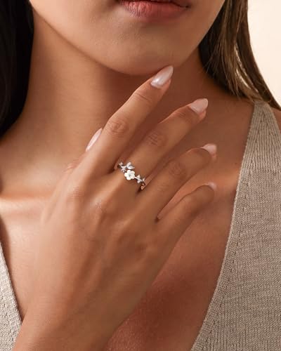 Rings for Women Non Tarnish, 14K Gold Plated Open Pearl Flower Band Adjustable Cubic Zirconia Rings for Women - color: silver