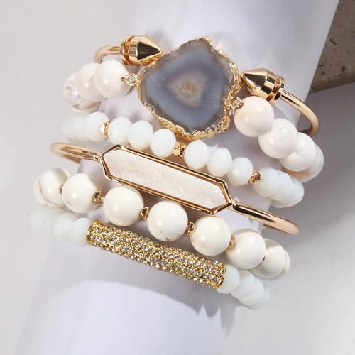 Yomisa 5PCS 6PCS Natural Boho Beaded Bracelets/Bangle for Women Men,Healing Turquoise Jasper Agate Crystal Gemstone Stone Chakra Multilayer Wrap Bohemian Handmade Jewelry Beads Stretch Bracelet Set - color: 1-6PCS-White