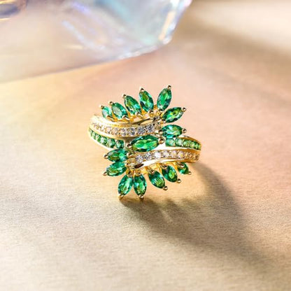 Statement Flower Ring Cocktail Leaf Ring Birthstone Anniversary Signet Ring | Hypoallergenic|14K Gold Plated|Sterling Silver Sparkling Engagement Promise Party Ring for Women, Size 6 to 10(With Box) - color: Leaf - Emerald