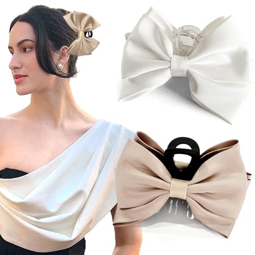 ISCRM Bow Hair Claw Clips for Women/Girls,Strong Hold Large Bow Claw Clip for Thick/Thin Hair Claws,Nonslip Silky Big Hair Bows Ribbons,Cute Hair Styling Accessories Gifts (white,champagne) - color: white,champagne