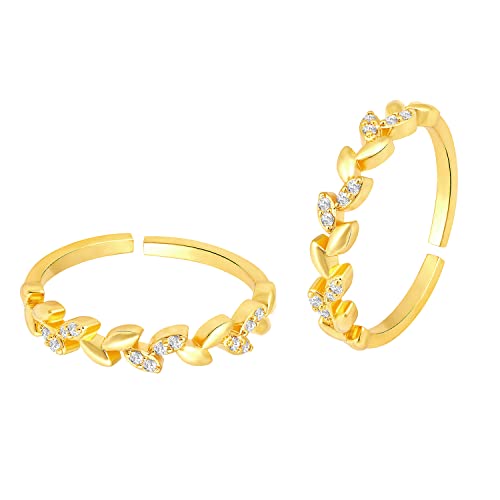 Aheli Cubic Zirconia Studded Leaf Style Adjustable Toe Ring Bichiya Fancy Jewellery for Women - color: Gold