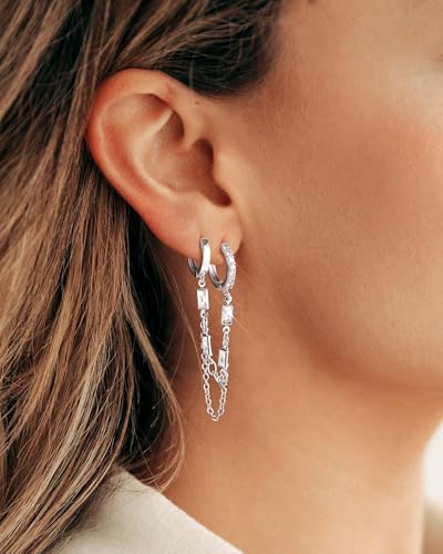 Tassel Chain Small Gold Hoop Dangle Earring For Women Huggie Earring Heart Star CZ 14K Gold Plated Fashion Jewelry Graduation Gift for Her Mothers Day Gifts for Mom - color: Double-Rectangle-Silver