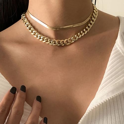 Gold Choker Necklace Dainty Cuban Link Necklace Simple Flat Snake Chain Necklace Layered Herringbone Necklace Hip Hop Jewelry for Women - style: Style-1