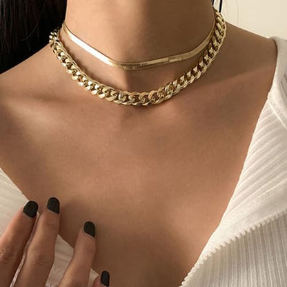 Gold Choker Necklace Dainty Cuban Link Necklace Simple Flat Snake Chain Necklace Layered Herringbone Necklace Hip Hop Jewelry for Women - style: Style-1
