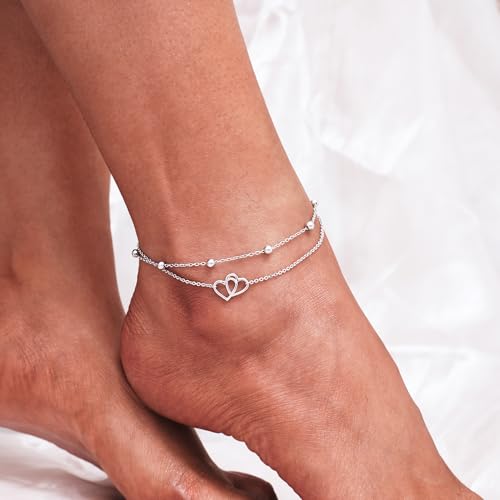 CHIC & ARTSY 925 Sterling Silver Ankle Bracelets for Women, Adjustable Layered Foot Chains with Nature & Symbol Charms, Lightweight Comfort Fit Boho Beach Everyday Jewelry - color: Heart/silver