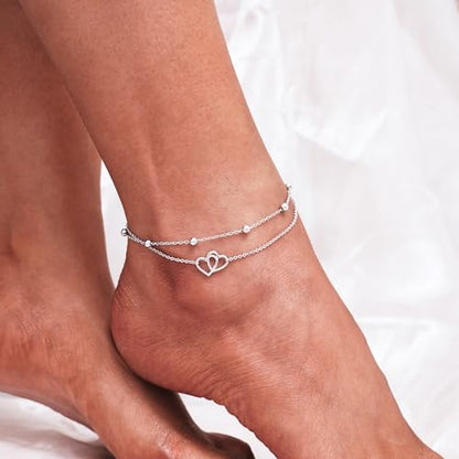 CHIC & ARTSY 925 Sterling Silver Ankle Bracelets for Women, Adjustable Layered Foot Chains with Nature & Symbol Charms, Lightweight Comfort Fit Boho Beach Everyday Jewelry - color: Heart/silver