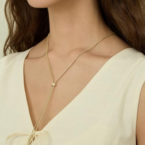 ARSIS Lariat Long Gold Necklace for Women, 18K Gold/Platinum Plated Y-Shaped Drop Dangle Pendant Necklace, Long Adjustable Pull Slider Chain Jewelry Gift for Her - color: Gold-herringbone slider