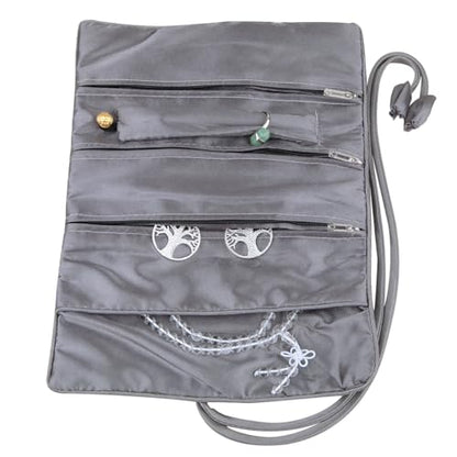 TUMBEELLUWA Embroidery Travel Jewelry Bag Roll Embroidered Flower and Bird Brocade Organizer with Tie Close - color: #2 Grey