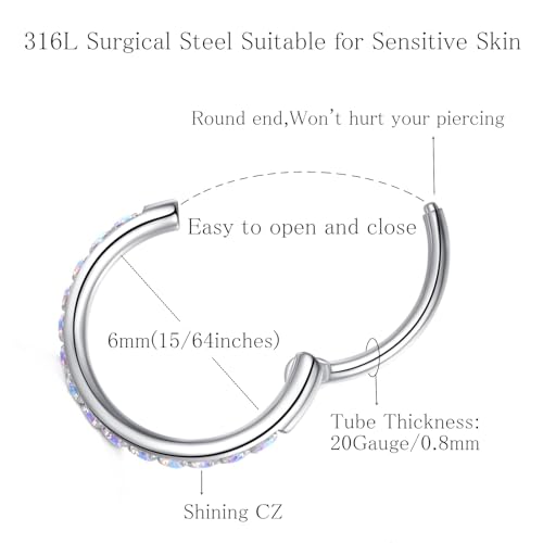 ORANGELOVE 20G 18G 16G Clear CZ Nose Ring Hoop 316L Surgical Steel Seamless Silver Septum Ring Clicker Jewelry Cartilage Earring Ear Piercing Hoop Earrings for Women Men Helix Rook Lobe Conch Tragus Daith Lip Hinged Piercing Jewelry with Cubic Zirconia -