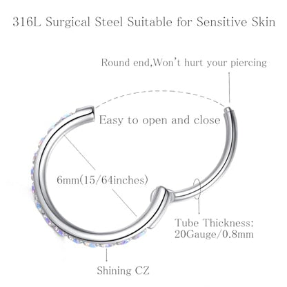ORANGELOVE 20G 18G 16G Clear CZ Nose Ring Hoop 316L Surgical Steel Seamless Silver Septum Ring Clicker Jewelry Cartilage Earring Ear Piercing Hoop Earrings for Women Men Helix Rook Lobe Conch Tragus Daith Lip Hinged Piercing Jewelry with Cubic Zirconia -