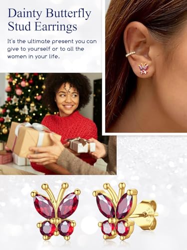 Suplight Butterfly Stud Earrings 925 Sterling Silver 14K Gold Brithstone Earrings for Women Brithstone Jewelry Gifts - color: 07.July( Ruby), size: Gold