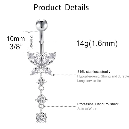 LEE&RO Belly Button Ring Dangle Piercing - 14G Surgical Steel Cute Navel Ring - color: silver