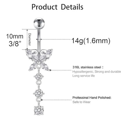 LEE&RO Belly Button Ring Dangle Piercing - 14G Surgical Steel Cute Navel Ring - color: silver