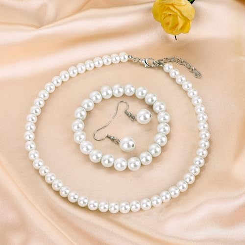 3 Pcs 8mm Pearl Necklace Bracelet Earrings Set Faux Pearl Jewelry Set for Women Simulated Pearl Necklaces Set Round White Pearl Costume Jewelry Accessories for Women Girls Brides Wedding Gift - color: White