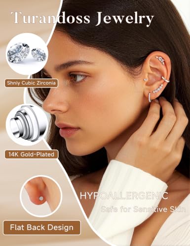 10 Pairs Hypoallergenic Cartilage Flatback Stud Earring for Women | 14K Gold Plated Flatback Stud Hoop Earring Sets for Helix Tragus Conch Piercing Jewelry Earring for Women Trendy - color: Silver Plated