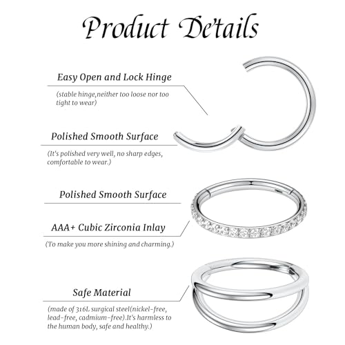 GAGABODY 2 Pcs Nose Rings 22G 20G 18G 16G 14G 12G 10G 8G Surgical Steel Piercing Rings for Nose Septum Cartilage Helix Tragus Conch Rook Daith Lobe from 5mm to 16mm Seamless Hoop Unisex Hinged Earrings - color: Silver-Single&Double&CZ Hoop