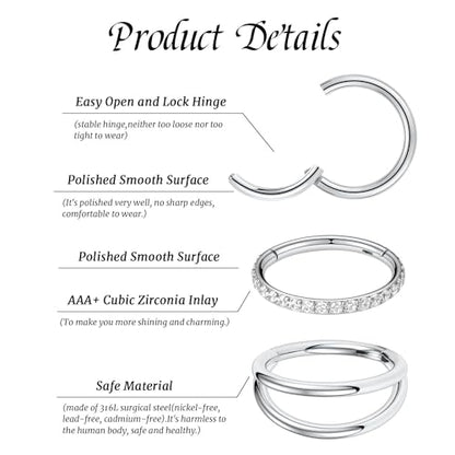 GAGABODY 2 Pcs Nose Rings 22G 20G 18G 16G 14G 12G 10G 8G Surgical Steel Piercing Rings for Nose Septum Cartilage Helix Tragus Conch Rook Daith Lobe from 5mm to 16mm Seamless Hoop Unisex Hinged Earrings - color: Silver-Single&Double&CZ Hoop