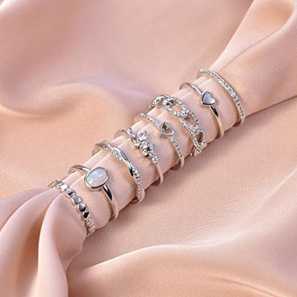 PLOMFOV 14K Gold/Silver Plated Stacking Rings Set for Women Non Tarnish CZ Heart Simple Cute Stackable Rings Dainty Trendy Gold Statement Rings Plain Band Size 4-12 - color: Silver Tone