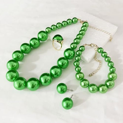 xuzhiyuan Statement Pearl Jewelry Set for Women - Includes Necklace, Bracelet, Earrings, and Ring | Colorful Faux Pearl Fashion Jewelry Set for Party, Wedding, Daily Wear - color: Green