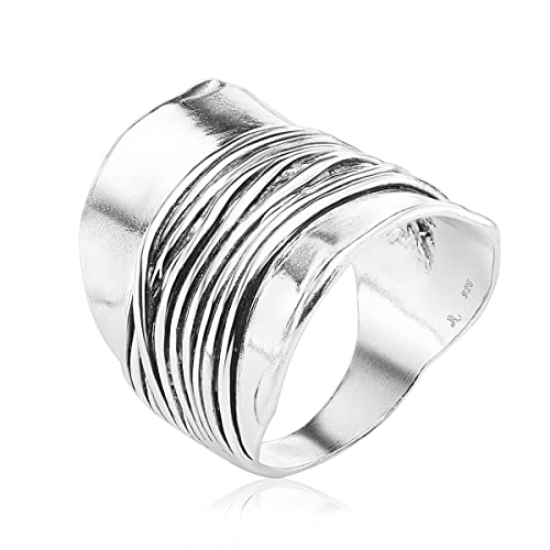 JEAN RACHEL JEWELRY 925 Sterling Silver Ring - Wide Shield Ring with Wire Wrap Center Vintage Design - Hypoallergenic, Lead & Nickel Free Jewelry - Artisan Handcrafted Statement Rings for Women