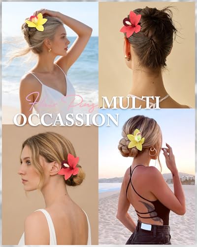 WELROG 3-Pcs Metal Hawaiian Orchid Hair Pins, Non-Slip Stick for Beach Updo | Tropical Flower Vibes,Weddings and Vacations - color: Red+Yellow+Green