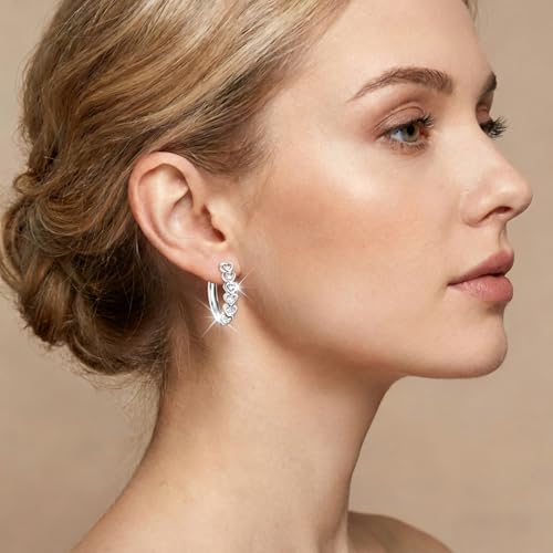 Women's 925 Sterling Silver Earrings -14mm, Exquisite White Heart Hoop Earrings With Sparkling Cubic Zirconia, Lightweight Hypoallergenic, Fashion Cute Jewelry Gift, Daily And Party Wear - color: Silver