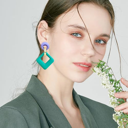 70s 80s Vintage Resin Neon Square Dangle Drop Earrings Simplicity Acrylic Hollow Round Circle Geometry Stud Earrings for Women - style: Blue Purple