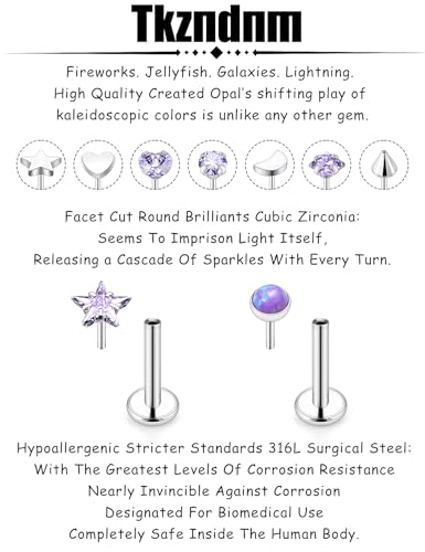 Threadless Noses Rings, Flat Back Earrings, 20/18/16g-Gauge 5/16in-Post 3mm-Top, Hypoallergenic Surgical Steel Medusa Lip Labret Cartilage Helix Tragus Conch Piercing Jewelry for Women Men - color: Purple, size: 16g*8mm