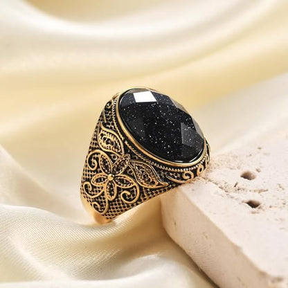 Retro Large Tiger Eye Stone Turquoise Wedding Ring For Men Classical Gothic Stainless Steel Rings - color: Gold-Black