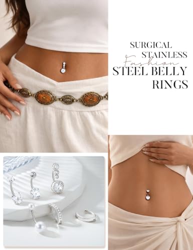 Hypoallergenic Belly Button Ring for Women | 14G, Stainless Steel, Gold Heart CZ Beaded Ball Pearl Belly Ring Stack, Curved Navel Belly Button Piercing Body Jewelry, 9PCS - color: 6PCS-Silver Plated