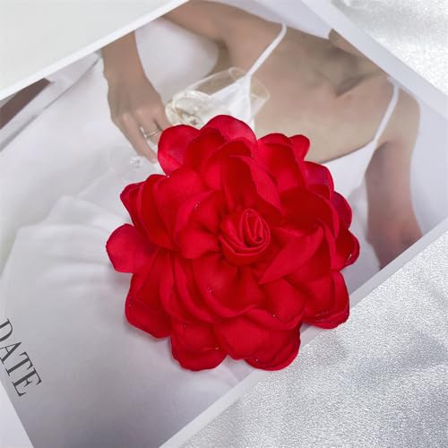 Dainty Fabric Rose Flower Large Brooch Lapel Pins Flower Brooches Pin Classic for Wedding Party Dance Banquet for Women Dress Suit Clothes Accessories Jewelry 100mm - color: Red
