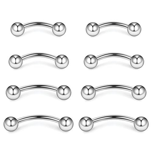 4prs(8pcs) Eyebrow Piercing Jewelry Curved Barbell with Ball Kit Eyebrow Tragus Lip Ring 16g 16 gauge 6mm/8mm/10mm/12mm - color: Steel