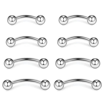 4prs(8pcs) Eyebrow Piercing Jewelry Curved Barbell with Ball Kit Eyebrow Tragus Lip Ring 16g 16 gauge 6mm/8mm/10mm/12mm - color: Steel