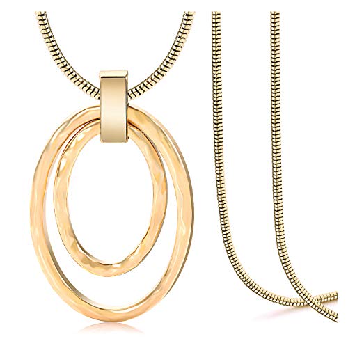 NVENF Long Sweater Chain Double Circle Pendant Necklace Bold Snake Chain Women Statement Necklace - color: B Gold-tone