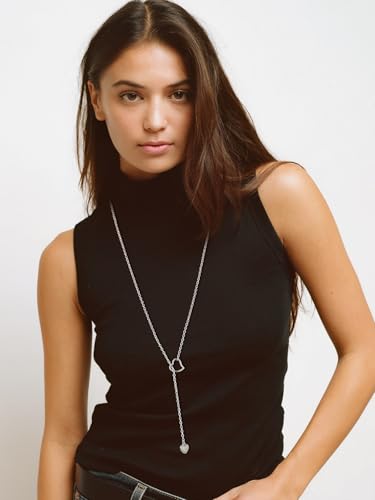 FOCALOOK Heart Lariat Necklaces for Women, Long Slip Chain Necklace | Hypoallergenic 316L Stainless Steel Silver/Black/Gold Plated, Front Slider Closure, Non Tarnish, Layered look, Everyday Wear - color: 02:Silver Heart