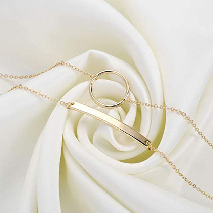 Dainty Gold Bracelets for Women, 14K Gold Plated Adjustable Layered Beads Bracelet Cute Evil Eye Oval Chain Pearl Bar Turtle Gold Bracelets for Women Jewelry - style: Circle&Bar