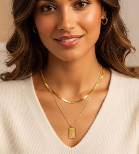 YEEZII Layered Gold Necklaces for Women Trendy, 3 Pcs 14K Gold Plated Choker Paperclip Box Chain Necklace, Stackable Women's Gold Pendant Necklaces Jewelry Set - color: Gold-3 pcs-Geometric Pendant