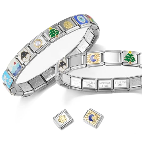 Stainless Steel Italian Charm Bracelet, 18 Link Starter Bracelet 9mm Charms | Italian Charm Bracelet with 9Pcs/20Pcs Charms and Opening Tools, Classic 9mm Modular Charm, Personalized Jewelry Gift - color: Random 20Pcs Silver