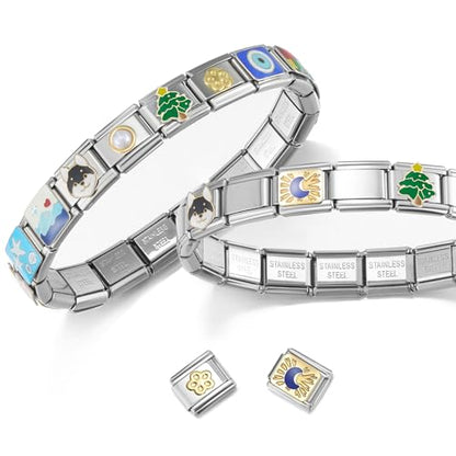 Stainless Steel Italian Charm Bracelet, 18 Link Starter Bracelet 9mm Charms | Italian Charm Bracelet with 9Pcs/20Pcs Charms and Opening Tools, Classic 9mm Modular Charm, Personalized Jewelry Gift - color: Random 20Pcs Silver