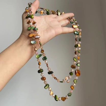 Olive/Brown Shell Nugget and Glass Crystal Bead Necklace