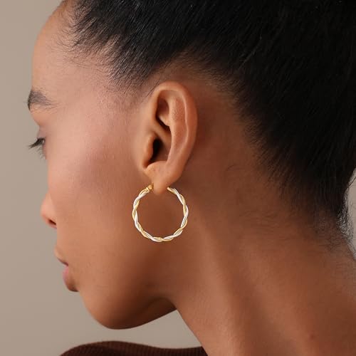 LeCalla Real 925 Sterling Silver Textured Two-Tone Three-Tone 14K Gold Plated Lightweight Italian Design Hoop Earrings for Women Diameter 25,30,40,45,50mm - color: Two-Tone Small-30mm