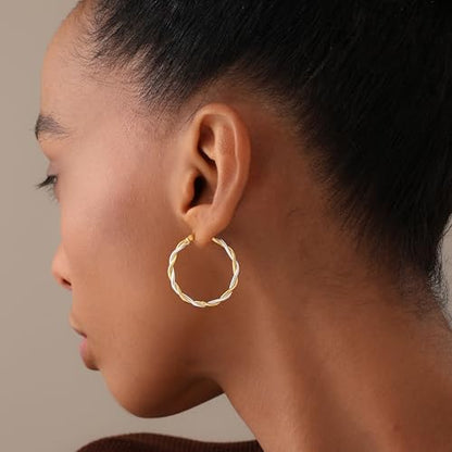 LeCalla Real 925 Sterling Silver Textured Two-Tone Three-Tone 14K Gold Plated Lightweight Italian Design Hoop Earrings for Women Diameter 25,30,40,45,50mm - color: Two-Tone Small-30mm
