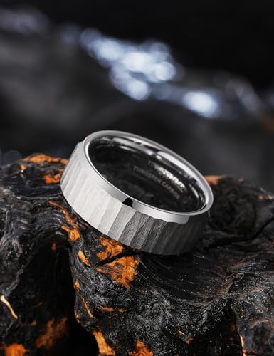 King Will 8mm Mens Hammered Tungsten Rings Matte Brushed Finish | Beveled Edge, Comfort Fit, Durable, Everyday Wear - color: Silver