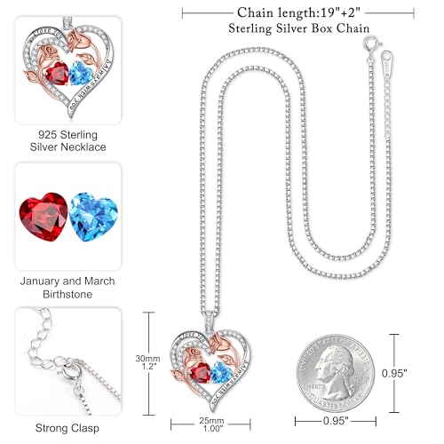 Iefil Birthstone Necklace for Women - Rose Heart Necklace | 925 Sterling Silver, Gift Box Packaging, Anniversary Birthday Gifts for Wife Mom Daughter - color: 01-03-Jan-Mar Birthstone