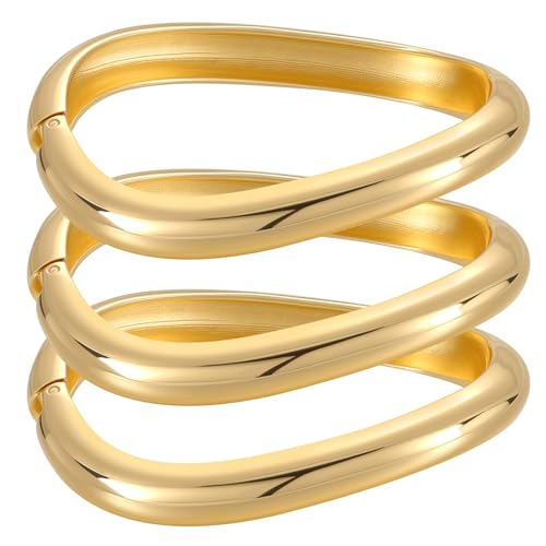 Emibele Gold Bangles for Women, 2PCS Irregular Chunky Gold Bracelet Hinged Open Bangle Bracelets for Women, Fashion Wide Arm Cuff Minimalist Chunky Jewelry Gifts for Valentine Christmas Birthday - style: K Gold