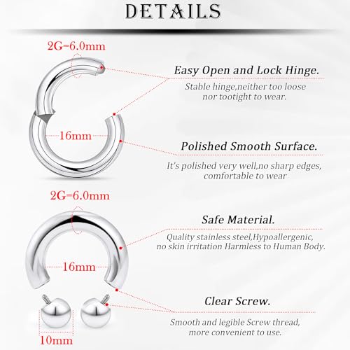 18G-2G Septum Rings 316L Surgical Steel Horseshoe Gauges Earrings Septum Nose Ring Silver Cartilage Helix Tragus Daith Rook Earring Hoop Lip Piercing Jewelry for Women Men - style: 2G(6.0mm)-Dia:16mm