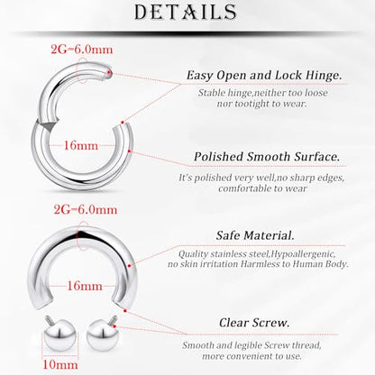 18G-2G Septum Rings 316L Surgical Steel Horseshoe Gauges Earrings Septum Nose Ring Silver Cartilage Helix Tragus Daith Rook Earring Hoop Lip Piercing Jewelry for Women Men - style: 2G(6.0mm)-Dia:16mm