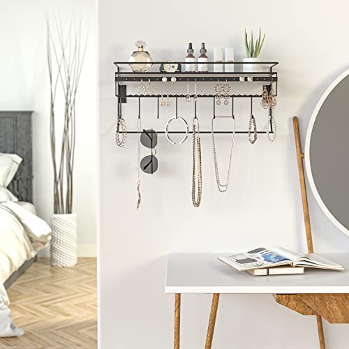 JackCubeDesign Gothic Wall Mounted Jewelry Organizer - Hanging Necklace, Earring, Bracelet Holder with Hooks and Shelf - Goth Room Decor, Iron Jewelry Display Storage Rack for Bedroom & Closet-MK238A
