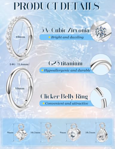 REVOLIA 2Pcs 14G G23 Titanium Clicker Belly Button Ring for Women Hypoallergenic Dangly Hoop Belly Button Ring Teardrop Heart Star CZ Navel Piercing Jewelry 8MM 10MM - color: Silver, size: 10mm