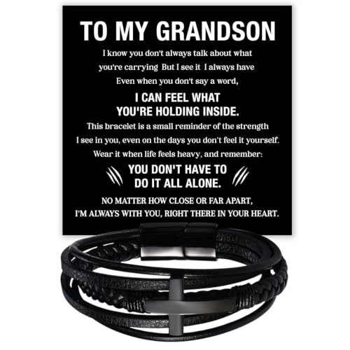 To My GrandSon Bracelet – Cross Braided Leather Bracelet, Meaningful GrandSon Gift from Grandpa & Grandma with Heartfelt Message Card & Elegant Gift Box for Birthday, Christmas, Graduation - color: Version#4